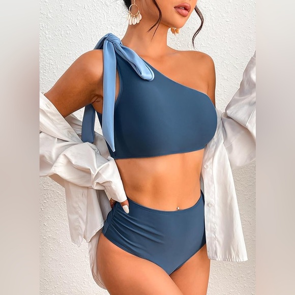 Herseas Women's One Bow Shoulder Bikini Sets 2 Piece Ruched Swimsuit - Picture 2 of 3